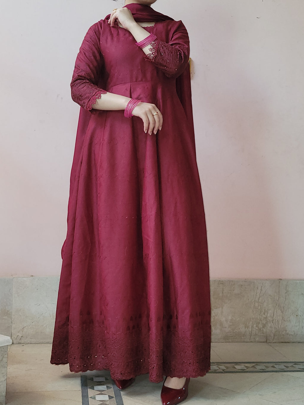 Maroon chikankari anarkali