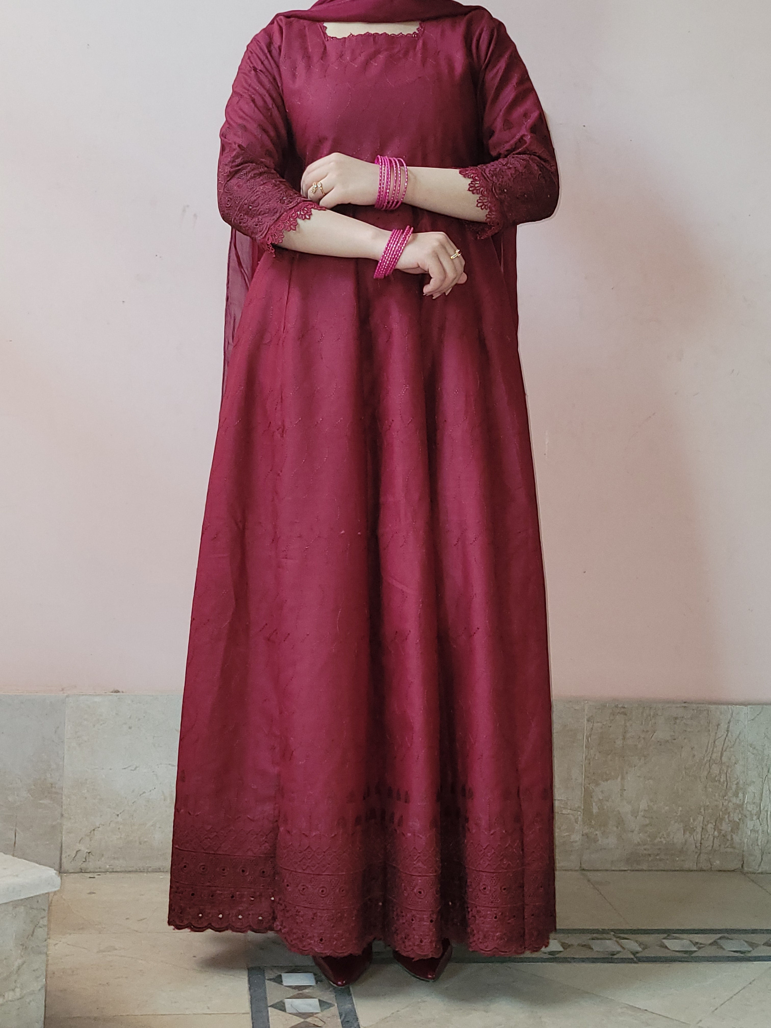 Maroon chikankari anarkali