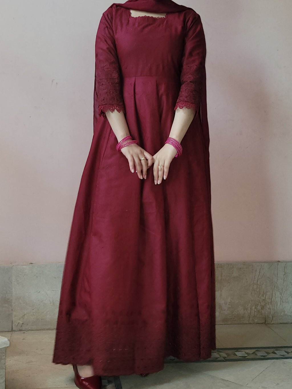 Maroon chikankari anarkali